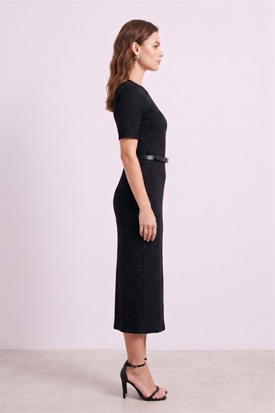 Kadın Kemer Detaylı Puantiyeli Midi Elbise M7 Siyah