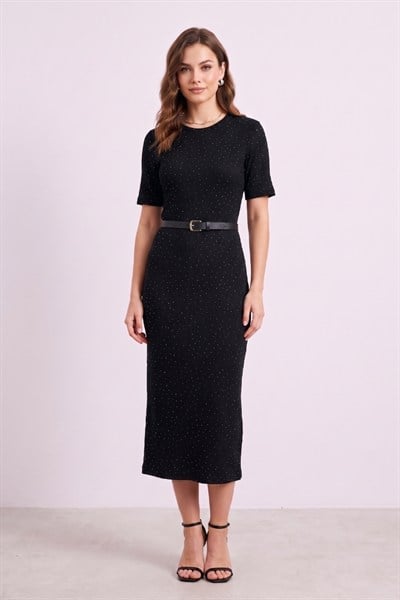Kadın Kemer Detaylı Puantiyeli Midi Elbise M7 Siyah