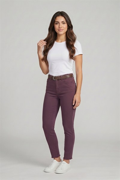 Kadın Kemerli Yüksek Bel Skinny Pantolon M5306-1 Mürdüm