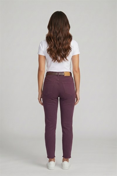Kadın Kemerli Yüksek Bel Skinny Pantolon M5306-1 Mürdüm