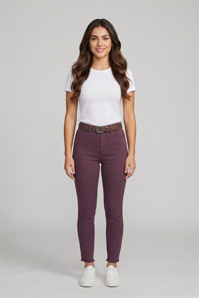 Kadın Kemerli Yüksek Bel Skinny Pantolon M5306-1 Mürdüm