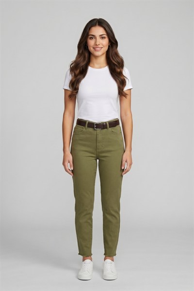 Kadın Kemerli Yüksek Bel Skinny Pantolon M5306-1 Haki