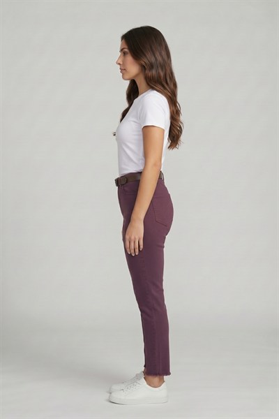 Kadın Kemerli Yüksek Bel Skinny Pantolon M5306-1 Mürdüm