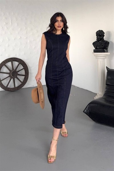 Kadın Kolsuz Denim Elbise M6069 Koyu Mavi