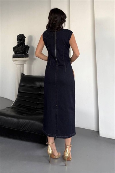 Kadın Kolsuz Denim Elbise M6069 Koyu Mavi