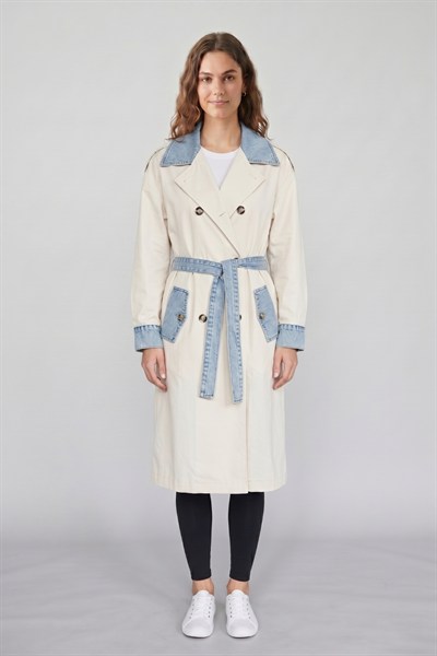 Kadın Krem Denim Detaylı Uzun Trençkot M87077 Taş