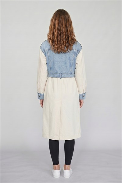 Kadın Krem Denim Detaylı Uzun Trençkot M87077 Taş