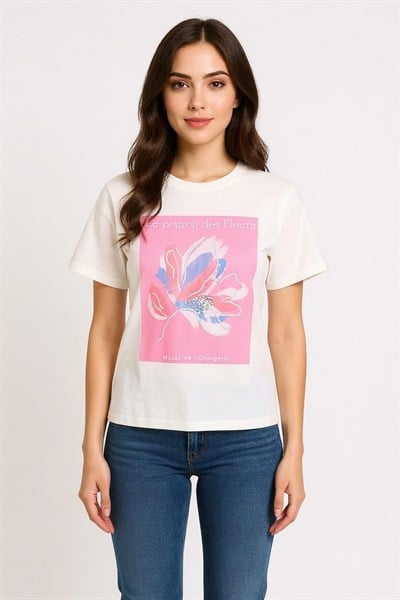 Kadın Le Pouvoir des Fleurs Baskılı Pamuklu T-Shirt M0180223 Pembe