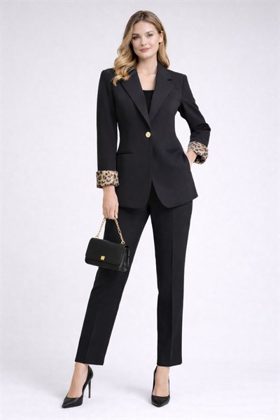 Kadın Leopar Detaylı Blazer Ceket M4584 Siyah