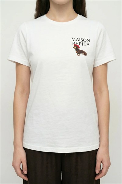 Kadın Maison Pepita Logolu Pamuklu T-Shirt M01715 Beyaz