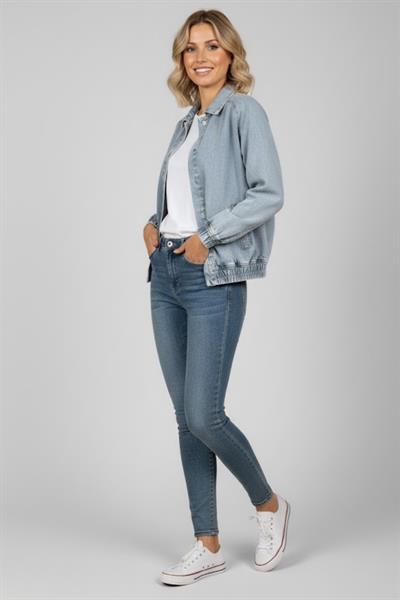 Kadın Mavi Oversize Kot Ceket M2149 Kar Yıkama