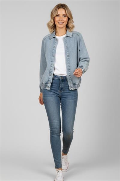 Kadın Mavi Oversize Kot Ceket M2149 Kar Yıkama