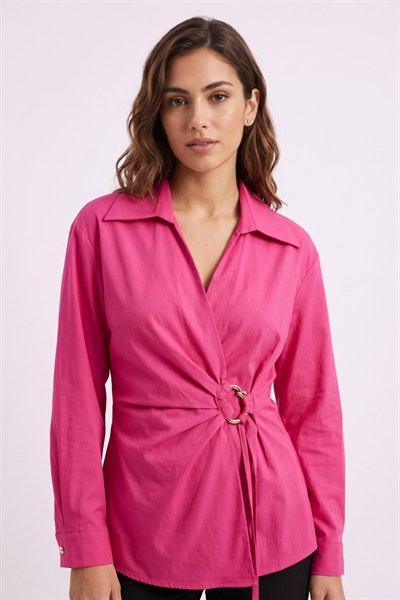 Kadın Metal Halka Detaylı Drapeli Bluz M7956 Fuşya
