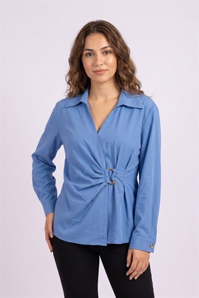 Kadın Metal Halka Detaylı Drapeli Bluz M7956 İndigo
