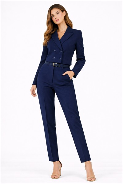 Kadın Midi Boy Kruvaze Blazer Ceket M4490 Lacivert