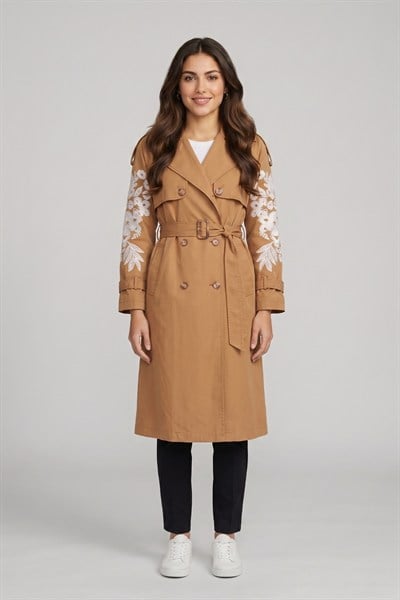Kadın Nakış Detaylı Kemerli Trençkot M87121 Camel