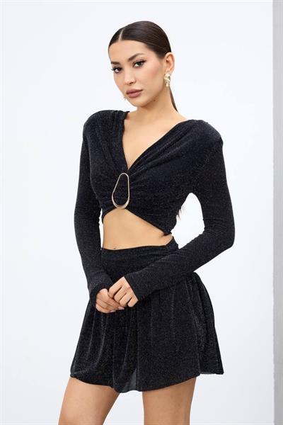 Kadın Simli Halka Detaylı Crop Bluz M14266 Siyah