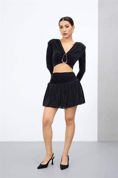 Kadın Simli Halka Detaylı Crop Bluz M14266 Siyah