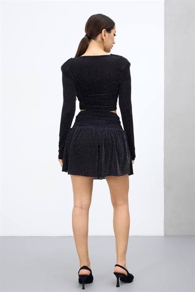 Kadın Simli Halka Detaylı Crop Bluz M14266 Siyah