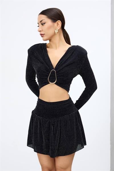 Kadın Simli Halka Detaylı Crop Bluz M14266 Siyah