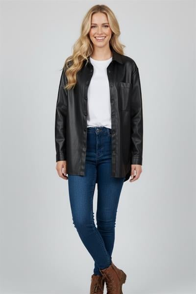 Kadın Siyah Deri Görünümlü Oversize Gömlek M7835 Siyah