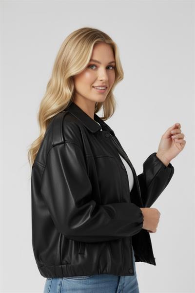 Kadın Siyah Oversize Suni Deri Ceket M4875 Siyah