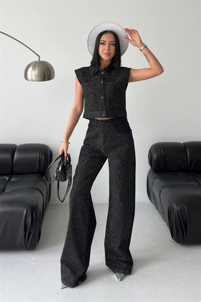 Kadın Taş Detaylı Crop Yelek & Bol Paça Pantolon Takım M6067 Siyah