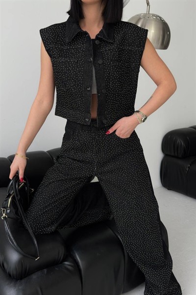 Kadın Taş Detaylı Crop Yelek & Bol Paça Pantolon Takım M6067 Siyah