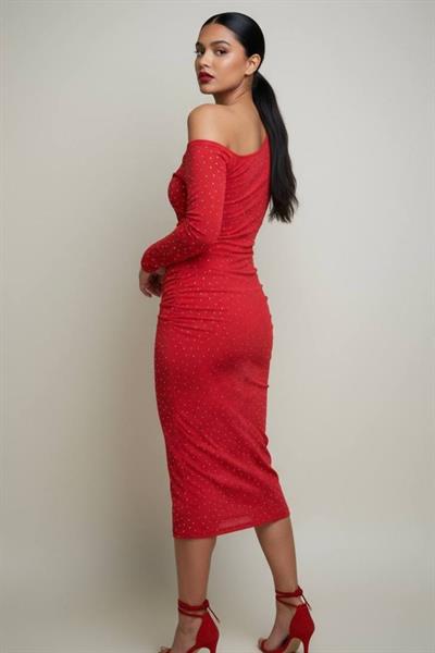 Kadın Tek Omuz Taşlı Drapeli Midi Elbise M10237 Kırmızı