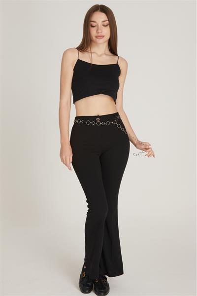 Kadın Zincir Detaylı İspanyol Paça Pantolon M1643 Siyah
