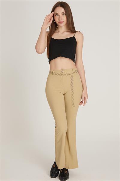 Kadın Zincir Detaylı İspanyol Paça Pantolon M1643 Vizon