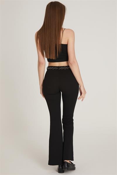 Kadın Zincir Detaylı İspanyol Paça Pantolon M1643 Siyah