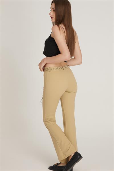 Kadın Zincir Detaylı İspanyol Paça Pantolon M1643 Vizon