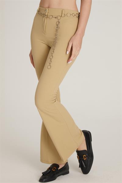 Kadın Zincir Detaylı İspanyol Paça Pantolon M1643 Vizon
