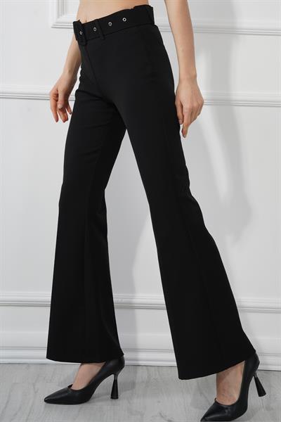 Kemerli İspanyol Paça Kumaş Pantolon M1571 Siyah