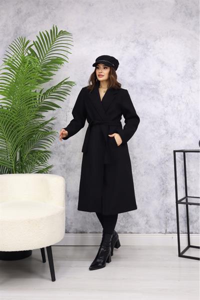 Kemerli Kaşe Kaban M3382 Siyah