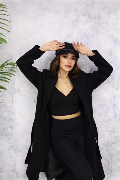 Kemerli Kaşe Kaban M3382 Siyah