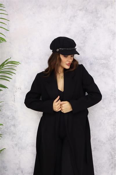 Kemerli Kaşe Kaban M3382 Siyah