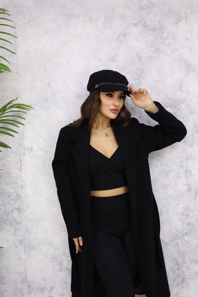 Kemerli Kaşe Kaban M3382 Siyah