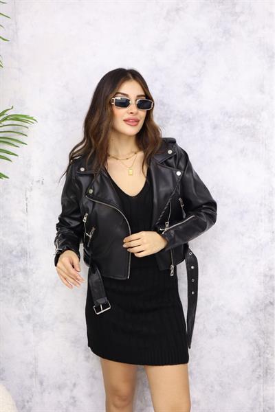 Kısa Fermuarlı Deri Ceket M4765 Siyah