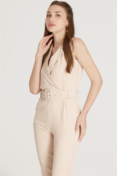 Kuşaklı Kolsuz Tulum M1733 Bej