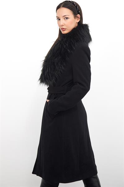 Yakası Kürklü Kuşaklı Kaban M3139 Siyah