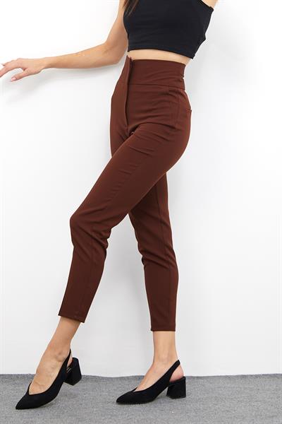 Yüksek Bel Dar Paça Pantolon M1674 Kahve