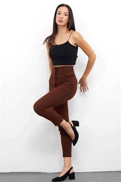 Yüksek Bel Dar Paça Pantolon M1674 Kahve