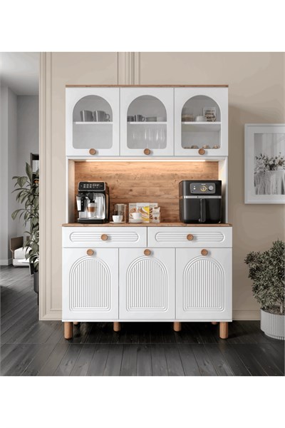  MaceraMobilya Çok Amaçlı Dolap 3 Kapaklı Kahve Köşesi – 140 cm MDF, LED Aydınlatmalı, Çok Amaçlı Mutfak ve Airfryer Dolabı
