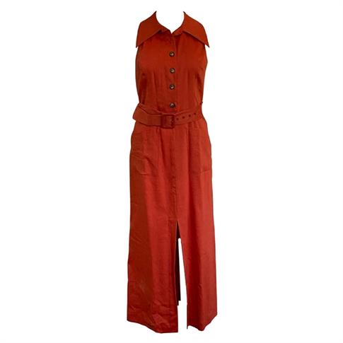 Faraway Kiremit Kemerli Keten Elbise - 36