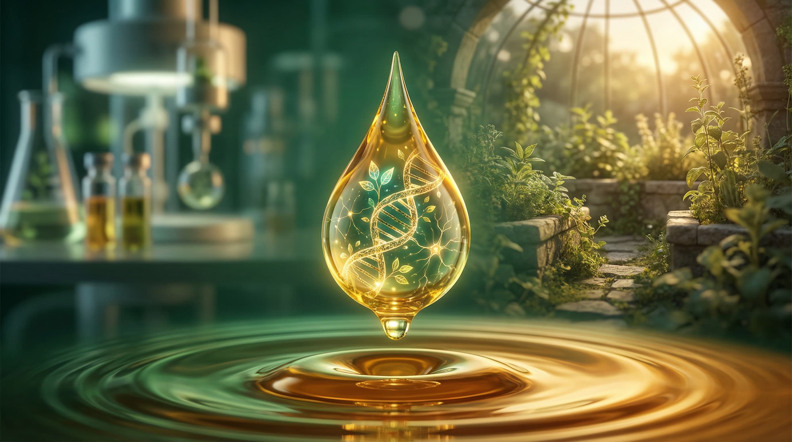 Hücresel yenilenmeyi temsil eden altın rengi yağ damlası ve DNA sarmalı.