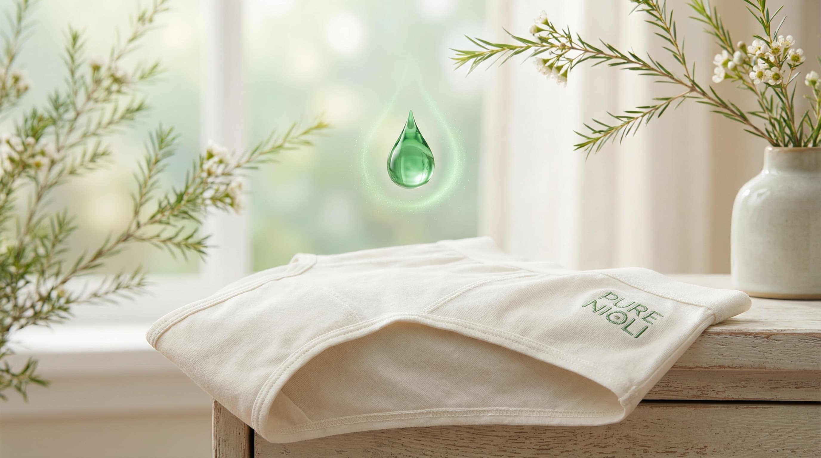 Kadın hijyeni için iç çamaşırına nioli yağı damlatma ve doğal koruma kalkanı temsili görsel.