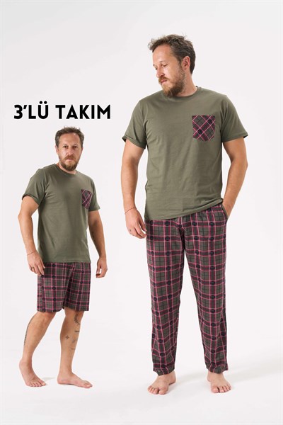 Erkek Haki 3'Lü Pijama Takımı - 6145-4R
