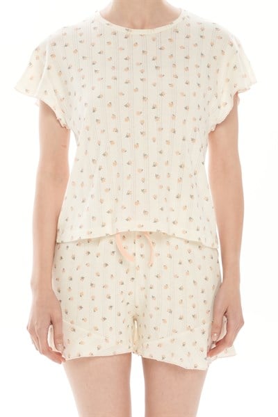 Kadın Bej %100 Pamuk İp Askılı Şortlu Pijama Takım - 1855-8R